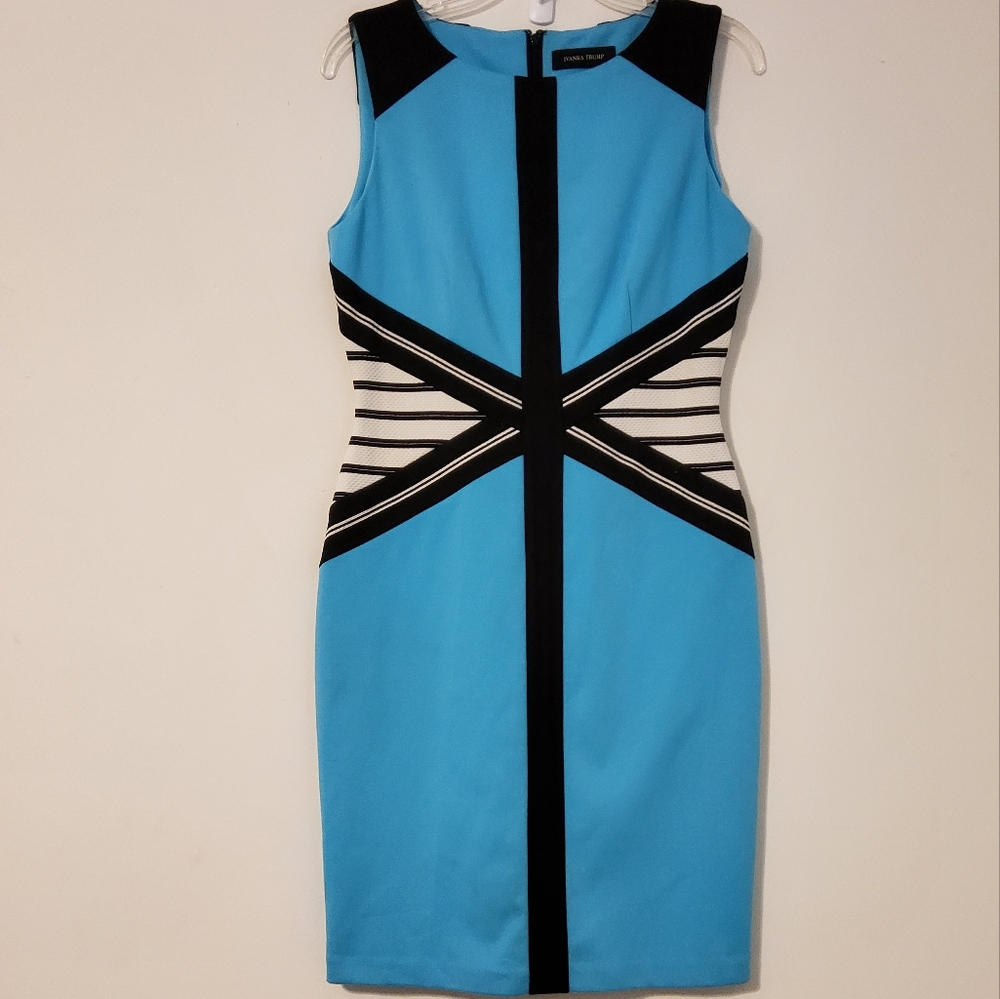 Ivanka Trump Blue/Black/White Sleeveless Sheath Midi Dress